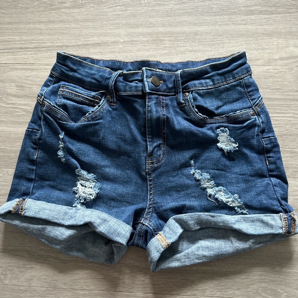 Fashion Nova Dark Blue Distressed Jean Shorts